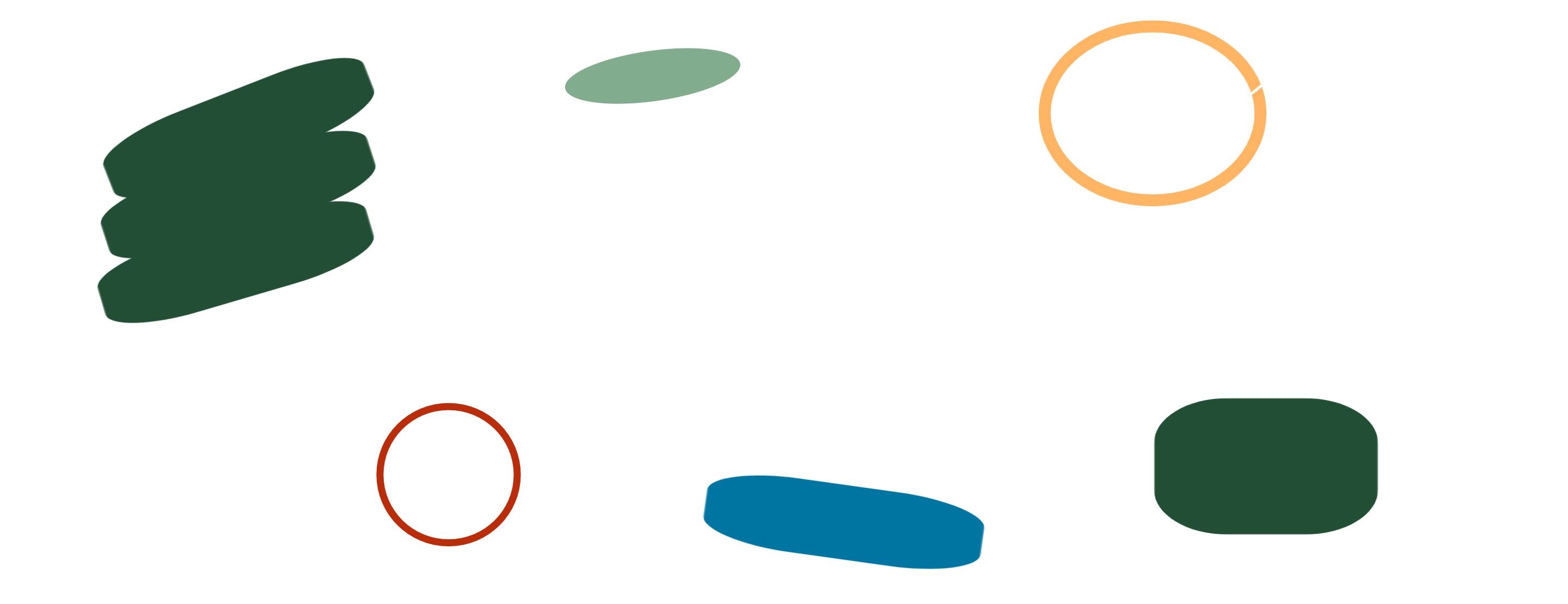 Abstract image with six colorful shapes: a dark green stack, a light green oval, an orange ring, a red ring, a blue rounded rectangle, and a dark green rounded rectangle, all on a white background.