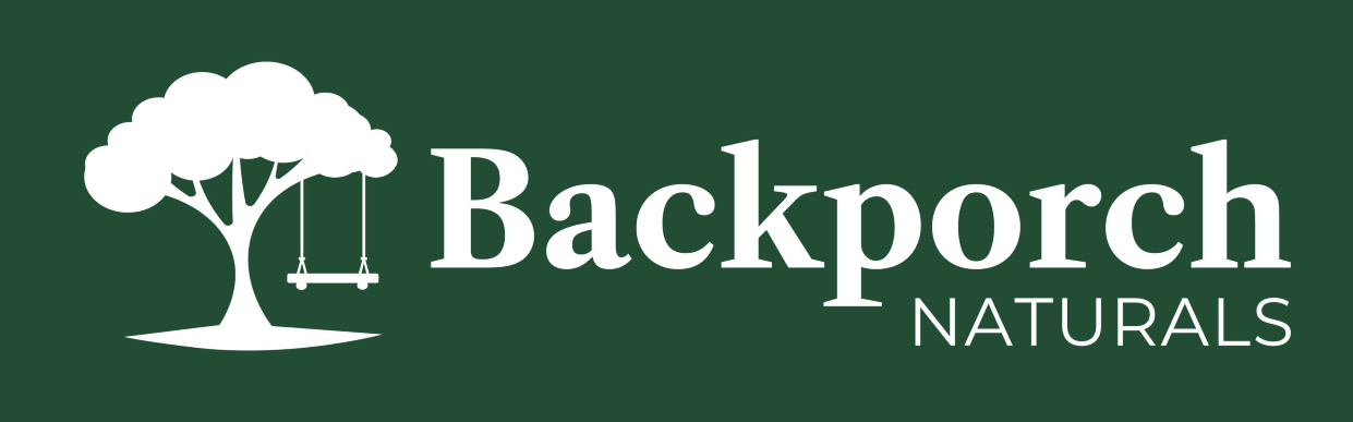 White logo on a dark green background featuring a tree with a swing and the text Backporch NATURALS to the right.