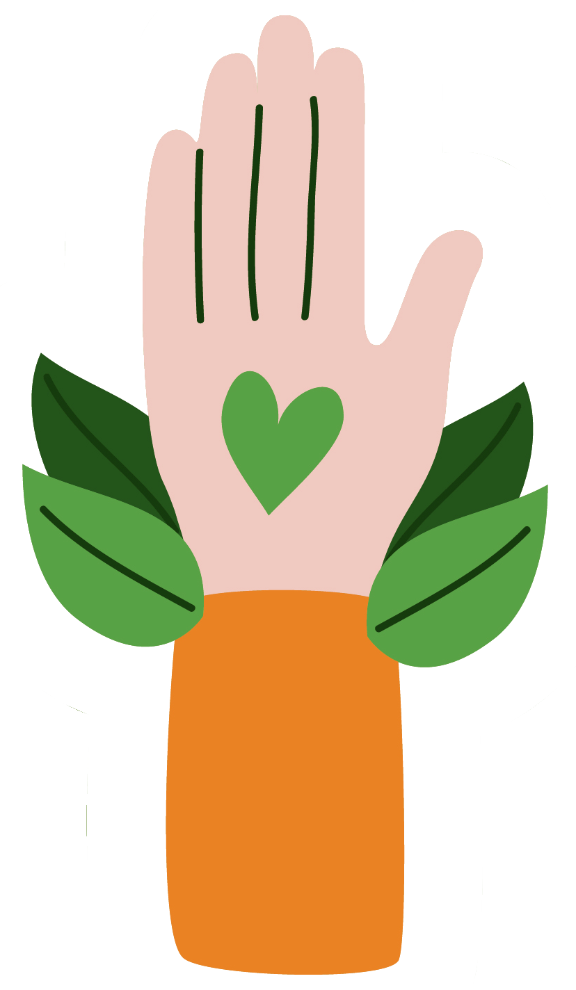 A stylized illustration of an upright hand with a green heart on the palm, surrounded by green leaves, and an orange sleeve at the wrist.