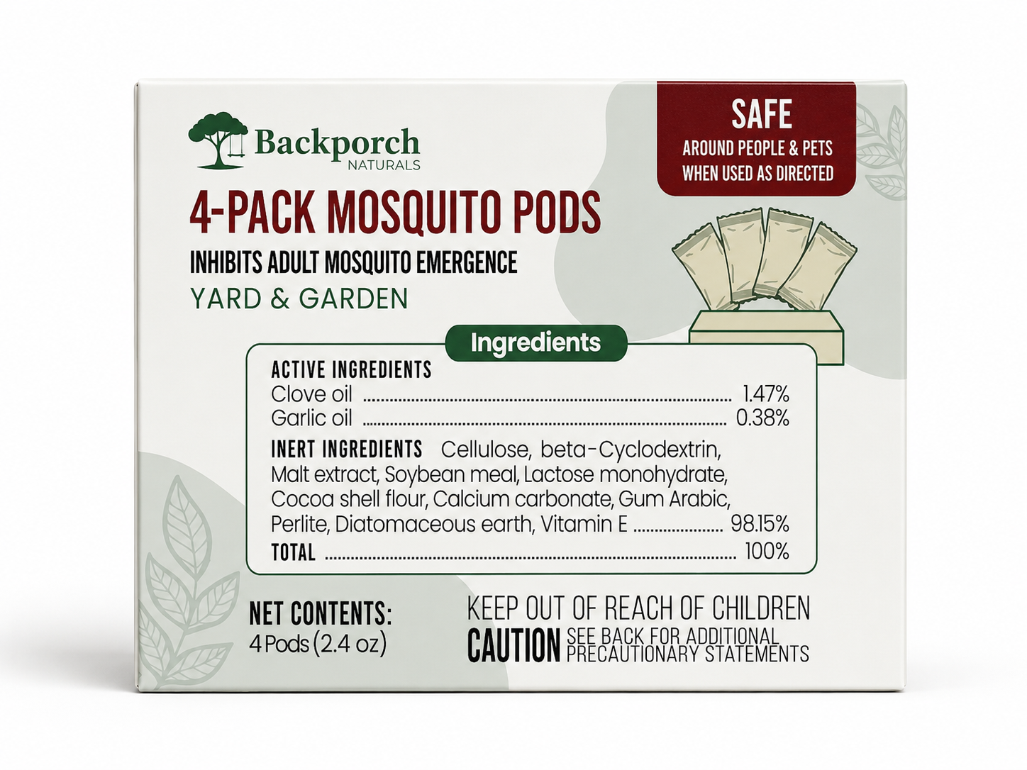 A white box labeled Mosgone Mosquito Control Products 4-Pack Mosquito Pods for yard and garden use. Packaging lists ingredients, safety info, contents, and cautions to keep out of reach of children.