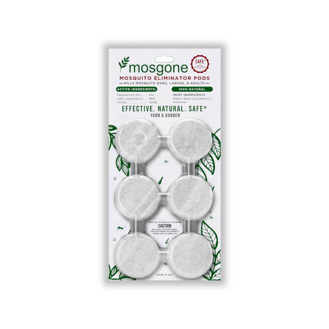 A package of Mosgone Mosquito Eliminator Pods containing six round pods in a clear blister pack, labeled as effective, natural, and safe for yard and garden use. Green leaf graphics decorate the packaging.
