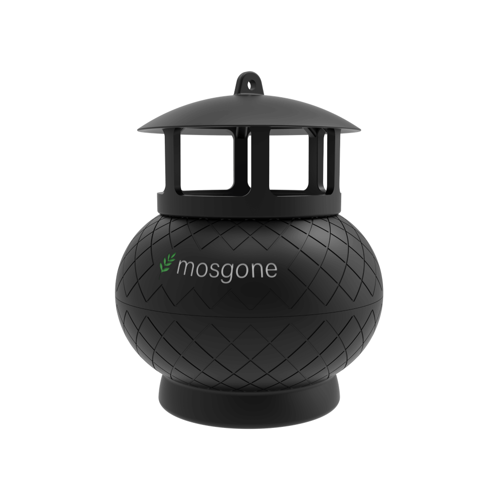 Black, lantern-shaped device with a lattice pattern, labeled mosgone in gray with a green leaf icon, used for mosquito control. The top has window-like openings and a small loop for hanging.