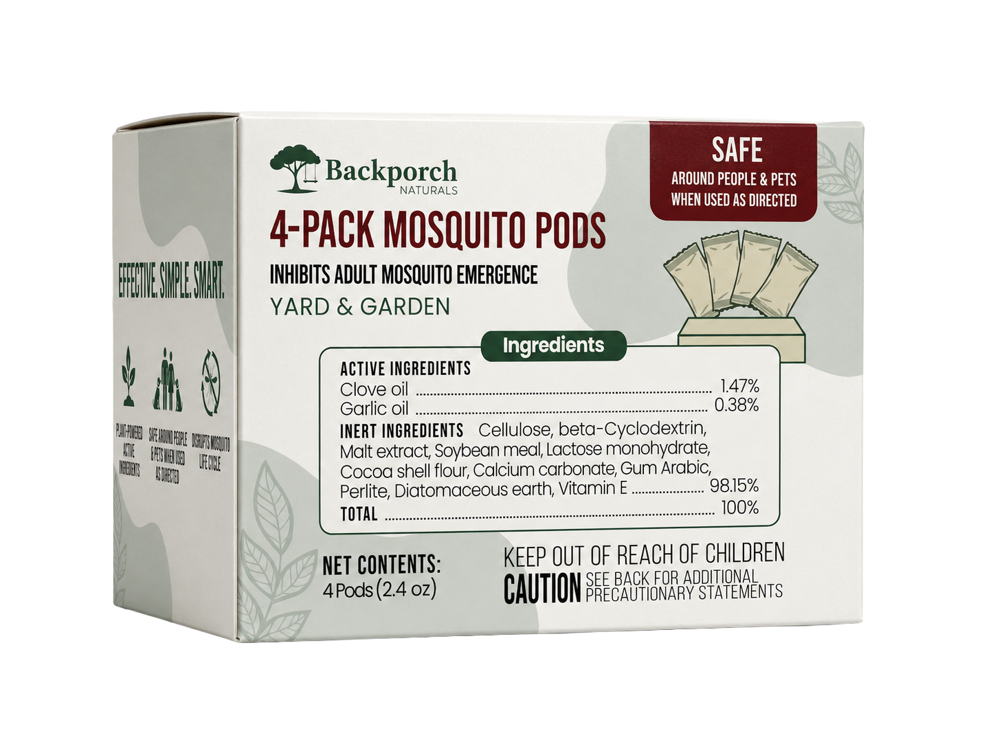 A box labeled Mosgone Mosquito Control Products 4-Pack Mosquito Pods for yard and garden use, showing ingredients, safety info, images of pods, and icons indicating child and pet safety.